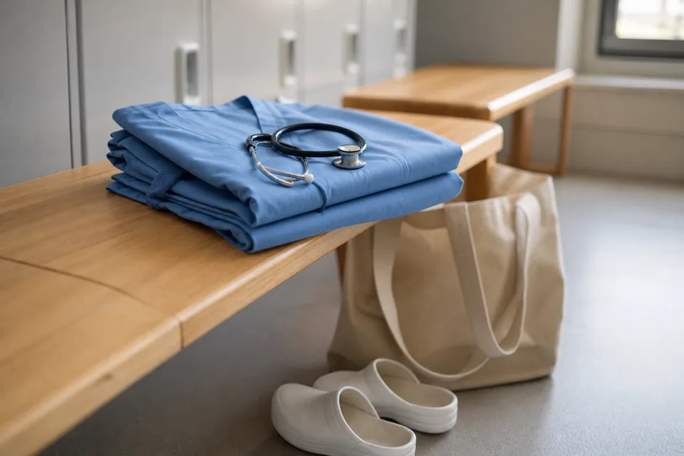 Folded ceil blue scrubs with a stethoscope and clogs on a bench