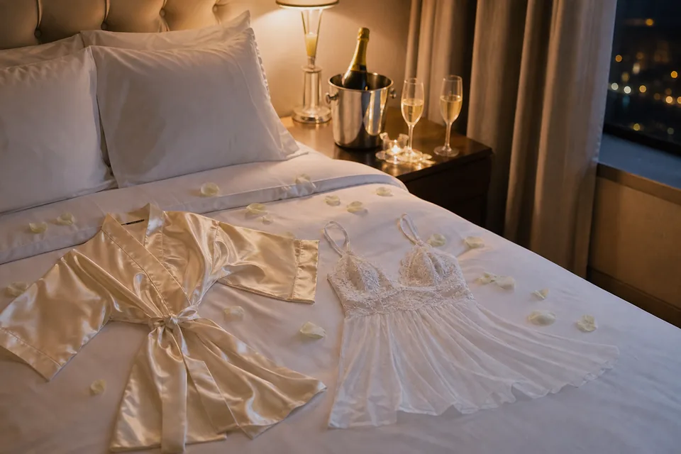White lace babydoll and satin robe laid on a hotel bed with champagne and rose petals