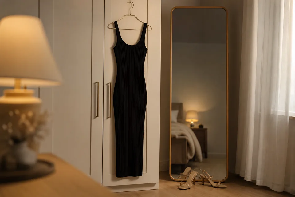 Fitted black knit dress on a hanger beside a mirror in a bedroom
