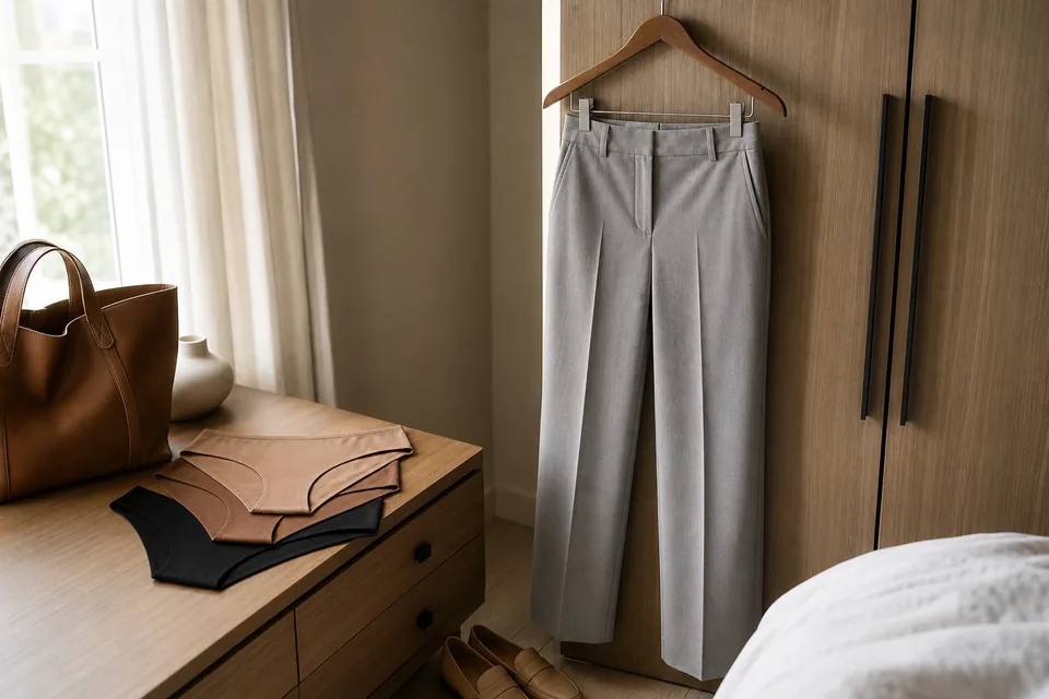 Tailored gray dress pants on a hanger beside a folded stack of seamless skin-tone underwear