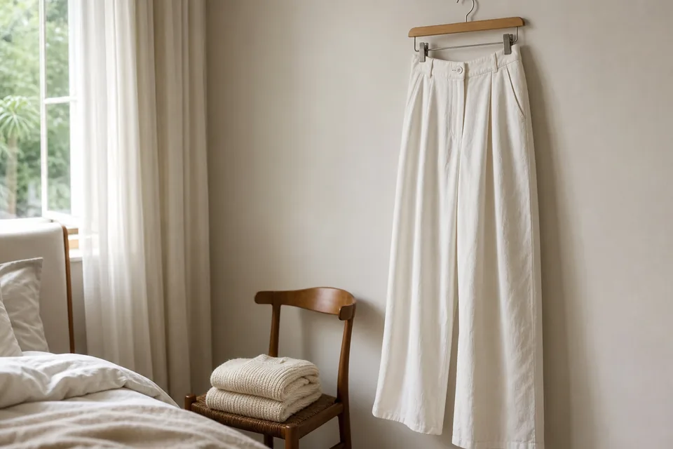 White linen trousers on a wooden hanger in a sunlit bedroom